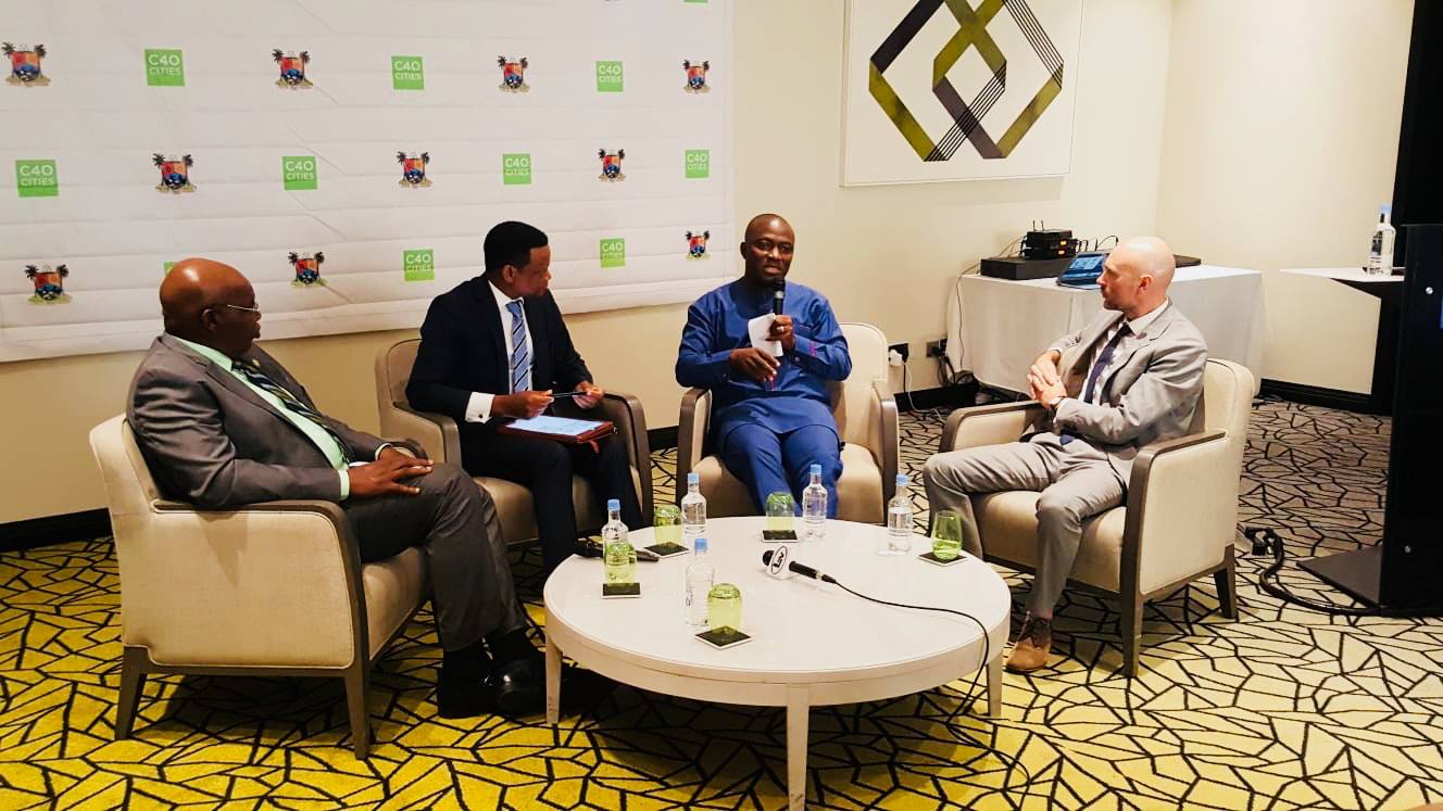 Mayor of Accra, Mohammed Adjei Sowah (in blue suits) speaking at the launch of the C40 Climate Action Planning Africa Programme in Lagos, Nigeria (15 May 2018).