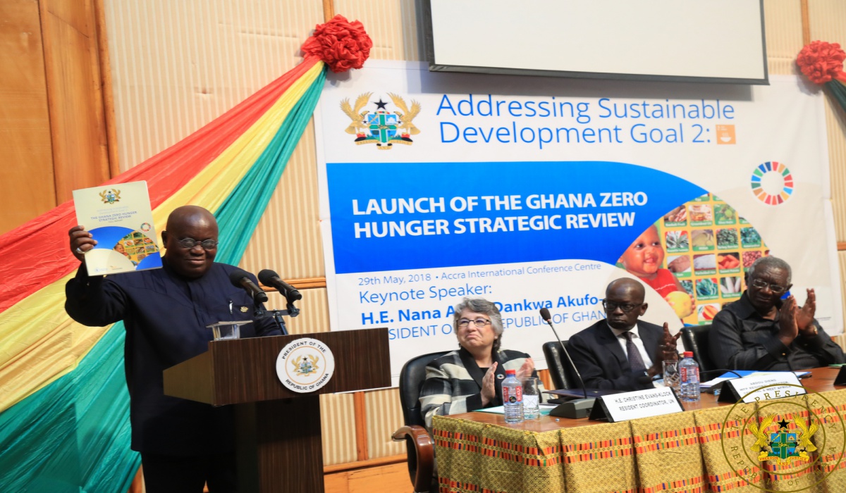  President Nana Addo Dankwa Akufo-Addo launching the Ghana Zero Hunger Strategic Report in Accra. On his left are Ms Christine Evans-Klock, Mr Abdou Dieng and Former President John Agyekum Kufuor