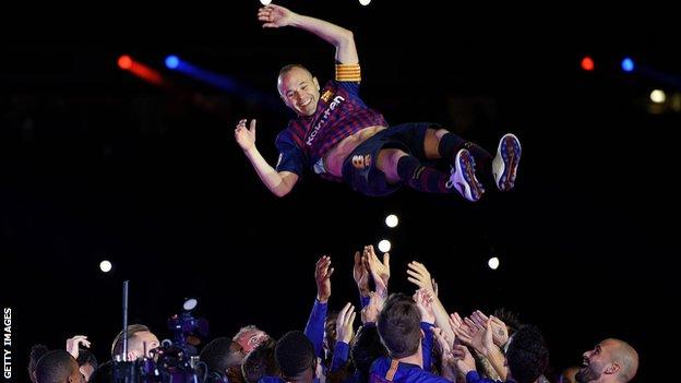 Barcelona paid tribute to Andres Iniesta with a long show after the match