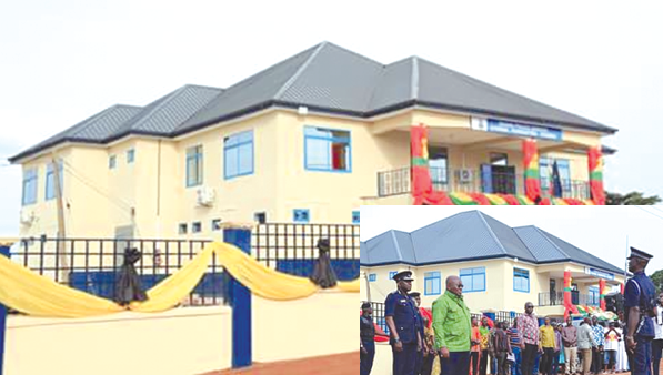  The new Techiman Divisional Police Headquarters. INSET President Akufo-Addo being invited to inspect the guard of honour mounted to welcome him