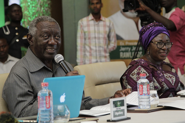  Former President John Agyekum Kufuor making his statement at the Green Ghana Lecture series. With him is Mrs Frema Osei-Opare, Chief of Staff, Office of the President. 