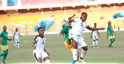 Black Queens captain Elizabeth Addo battles for the ball with her Banyana Banyana marker during yesterday’s game