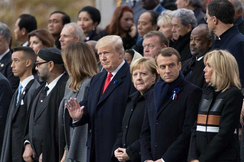 From right: Brigitte Macron, French President Emmanuel Macron, German Chancellor Angela Merkel, US President Donald Trump, First Lady Melania Trump, Morocco's King Mohammed VI and his son Crown Prince Moulay at the Armistice Day in France yesterday