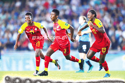  Millot Abena Pokuaa (middle) celebrates her goal with teammates Tedinah Sekyere and Azumah Bugre (right)