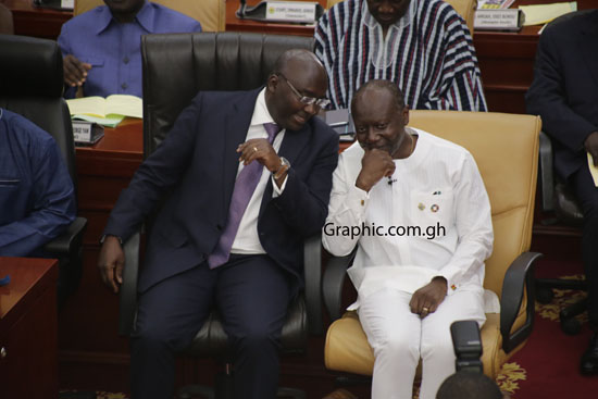 Finance Minister, Ken Ofori-Atta and Vice President Dr Mahamudu Bawumia in Parliament moments before the presentation of the 2019 Budget. PICTURE BY EMMANUEL ASAMOAH ADDAI