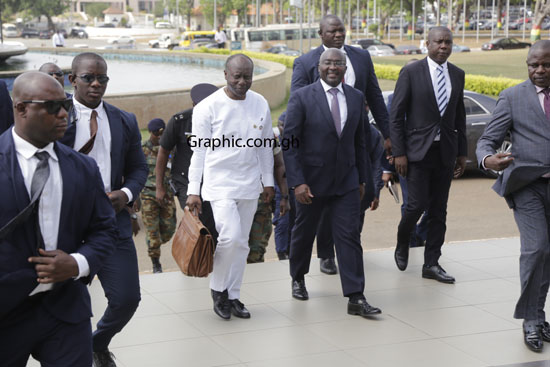 Finance Minister, Ken Ofori-Atta arriving at the Parliament House in the company of Vice President Dr Mahamudu Bawumia on Thursday morning for the presentation of the 2019 Budget. PICTURE BY EMMANUEL ASAMOAH ADDAI