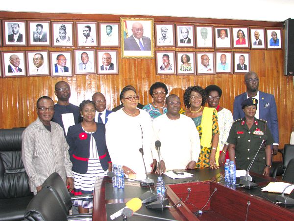 Mr Kingsley Aboagye Gyedu (3rd right), and Ms Tina Naa Ayeley Mensah (3rd left), both deputy ministers of Health with the governing board members. Picture:ESTHER ADJEI     