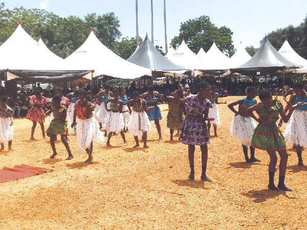 Some students of the Achimota Basic School in a cultural performance. 