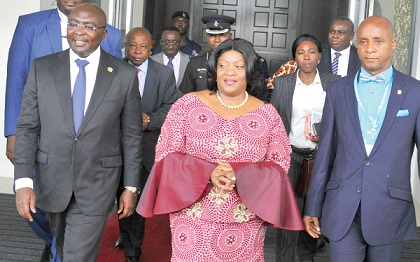 The Vice-President, Dr Mahamudu Bawumia and the Vice-President of Liberia, Madam Jewel Taylor leaving  after the opening ceremony of the global conference in Accra. Picture: Emmanuel Quaye 