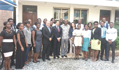 The beneficiaries of the scholarship award. Standing sixth from left (front row) is Mr Maher Kheir, the Lebanese Ambassador to Ghana, Prof. Kwamena Kwansah-Aidoo (7th from left, front row), the Rector of the GIJ, and Mr Naaman Achkar (5th from left, front row), a member of the scholarship programme of the Lebanese Community in Ghana