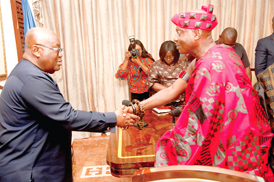  President Akufo-Addo welcoming Nene Tekpernor Adepah IV, a representative of the Konor of Manya Krobo, to the Jubilee House in Accra. Picture: SAMUEL TEI ADANO