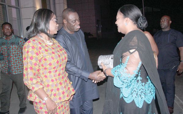 Mr Ibrahim Mohammed Awal, Minister of Business Development, welcoming Mrs Rebecca Akufo-Addo to the function. With them is Ms Cynthia Morrison, Minister of Gender, Children and Social Protection. Picture: EDNA ADUSERWAA
