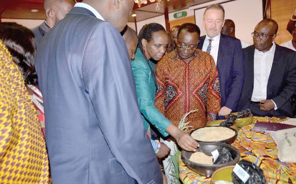Dr Owusu Afriyie Akoto (3rd right) being taken through some certified seeds by Dr Agnes Kalibata (3rd left), President of AGRA, while Mr Christoph Retzlaff and other officials look on 