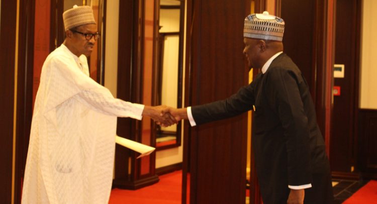 Alhaji Rashid Bawa (right) presenting his letters of credence to President Muhammadu Buhari