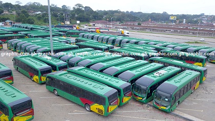 With the exception of six buses that are being used as shuttles between terminals two and three at the Kotoka International Airport in Accra, all the other buses in Accra numbering about 170 have been parked at Achimota terminal in Accra.