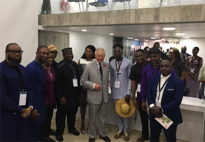 Prince Charles with Nigerian music stars at a British Council arts reception in Lagos.