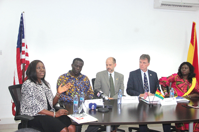  Mrs Yvonne Atakora Obuobisa (left), responding to questions from the press. With her are Mr Ignatius Baffour Awuah (2nd left), Mr Christopher J. Lamora, Mr Joel Maybury (4th left), Deputy Director, Office to Monitor and Combat Trafficking in Persons, and Ms Gifty Twum Ampofo. Picture: Maxwell Ocloo