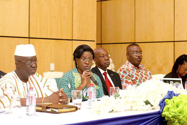 Ms Oboshie Sai Cofie (2nd left), Board Chairperson, Ghana Airports Company Limited, making some remarks at the meeting. Those with her are Mr Joseph Kofi Adda (left), the Minister of Aviation, Mr John Dekyem Attafuah (3rd left), Managing Director, GACL and Mr Stephen Asamoah Boateng (right), the Executive Chairman, State Enterprises Commission. Picture: NII MARTEY M. BOTCHWAY