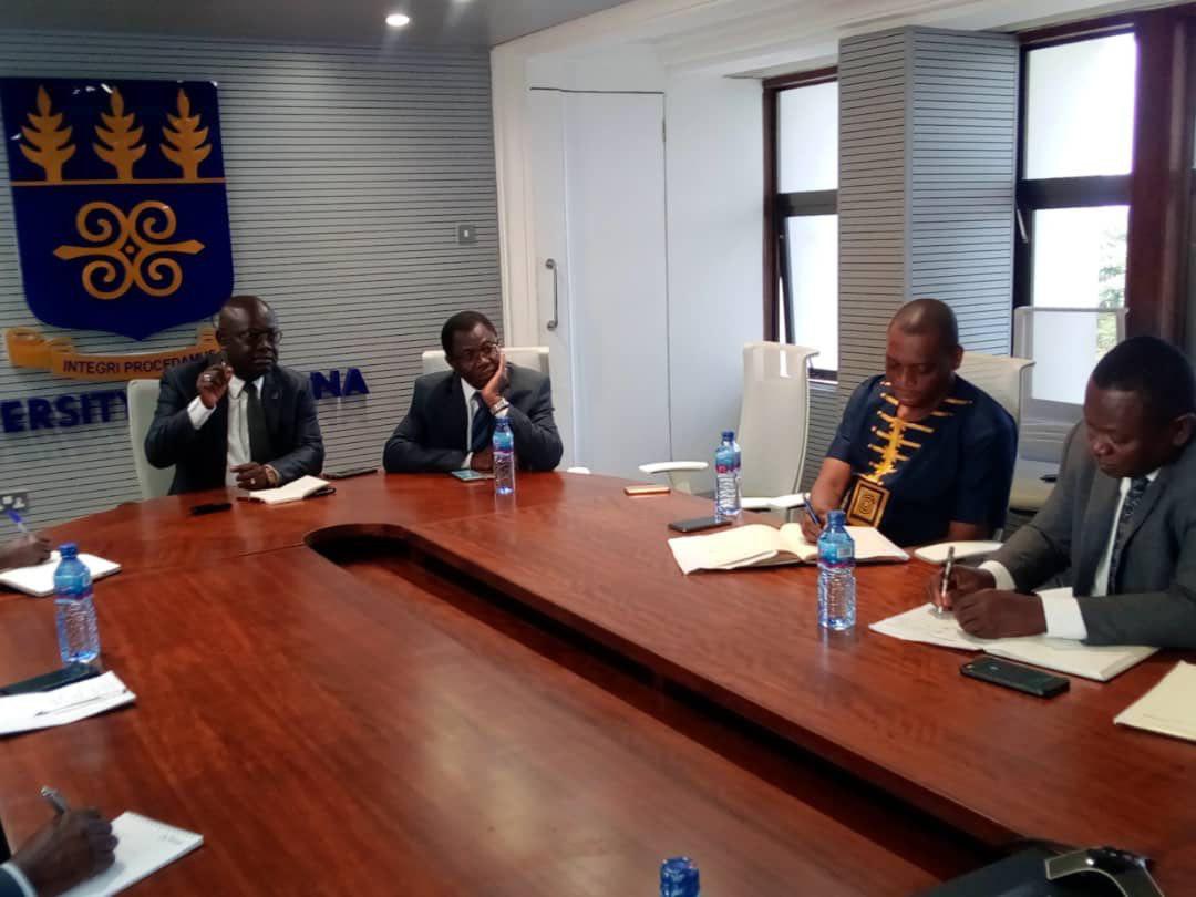 Prof. Ebenezer Owusu (left) speaking at the meeting. With him are Prof. Samuel Offei, Pro-Vice Chancellor, Academic and Students Affairs of the University of Ghana (second left), Dr Kingsley Nyarko (second right) and Mr Maxwell Amoako Kissi, Head, Credential Evaluation of NAB (right).