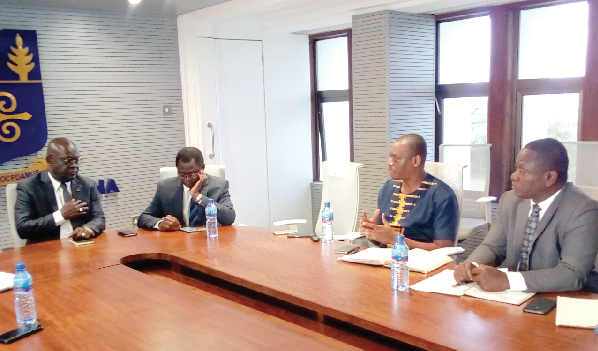 Prof. Ebenezer Oduro Owusu (left) speaking at the ceremony. With him are Prof. Samuel Offei (second left), Pro-Vice Chancellor, Academic and Students Affairs of the University of Ghana; Dr Kingsley Nyarko (second right) and Mr Maxwell Amoako Kissi (right), Head, Credential Evaluation of NAB