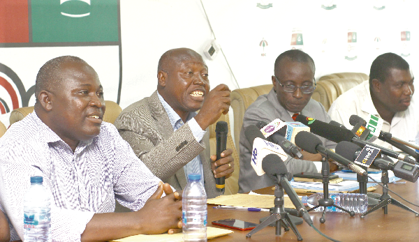 Mr Bede Ziedeng (middle), Ag. Director of Election of the NDC addressing the press conference in Accra. Those with him are Dr Ibrahim Zubeiru (left) and Mr Justice Affum.