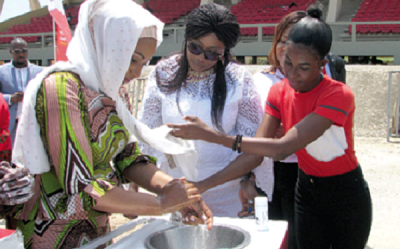  Mrs Samira Bawumia and some officials demonstrating proper handwashing, Picture: ESTHER ADJEI