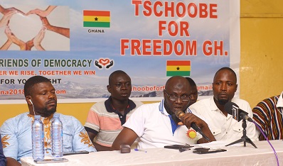 Mr Ridwan Seidu (holding microphone), General Advisor, Defending Friends of Democracy speaking at the press briefing. Those with him are some executives of the group. Picture: NII MARTEY M. BOTCHWAY