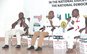 Mr Wonder Madilo (right), Mr George Opare Addo (left) and Mr Yaw Brogya Genfii (middle) during the debate for the National Youth Organiser position. Pictures: Maxwell Ocloo