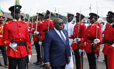 President Nana Addo Dankwa Akufo-Addo inspecting  a guard of honour mounted by the graduates at the ceremony in Accra. Picture: Samuel Tei  Adano
