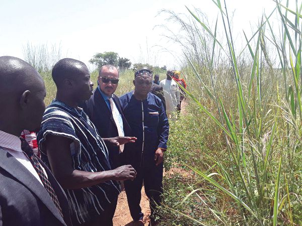   Mr Abdul Samad Gunu, the MP for  Savelugu, and the MCE for Savelugu, Hajia Ayishetu, with the investors inspecting the land  acquired for the construction of the factory