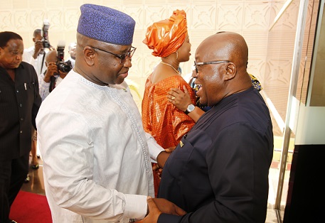 President Nana Addo Dankwa Akufo-Addo welcoming President Julius Maada Bio of Sierra Leone to the Jubilee House in Accra.