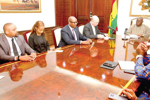  President Nana Addo Dankwa Akufo-Addo (right) interacting with Ambassador Smail Chergui (2nd right),  and other members of his delegation at the Jubilee House in Accra. Picture: Samuel Tei Adano