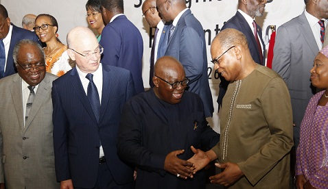 President Akufo-Addo interacting with Mr Mohammed Ibn Chambas (right), Special Representative of the Secretary-General. Also with them is Mr Smail Chergui (2nd left), AU Commissioner for Peace and Security.