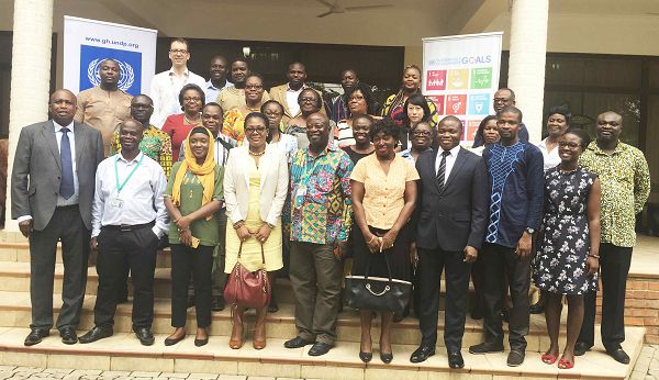 Mr Louis Kuukpen, Assistant Country Director, UNDP-Ghana and Ms Levina Owusu, MESTI Acting Chief Director (3rd &amp; 4th row from right) in the group photo 