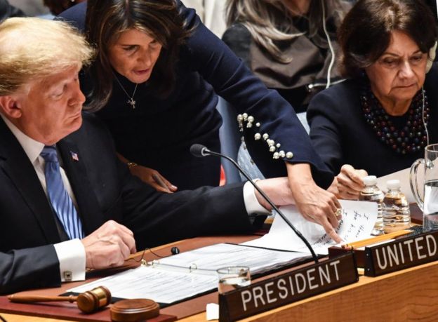 Mr Trump and Mrs Haley appeared together at the UN General Assembly last month