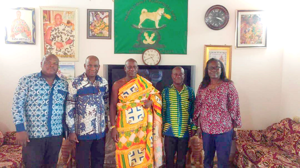  Mr Collins Ntim (2nd left) with Tetrete Okuamoah Sekyim II (middle), Mr Patrick Kwame Bogyarko (2nd right), MP for Wassa Amenfi East Consituency,  and Ms Helena Appiah (right), DCE for Wassa Amenfi East 