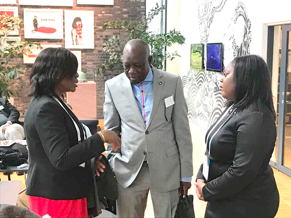 Mr Lawrence Apaalse interacting with Mrs Alice Torkonoo (left) of GPHA and Dr Jemima Nunoo, both members of Ghana’s delegation to ONS 2018
