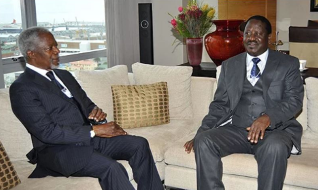 Then Prime Minister Raila Odinga and the late UN Secretary General Kofi Annan at the Westin Hotel in Cape Town, South Africa on May 5, 2011.