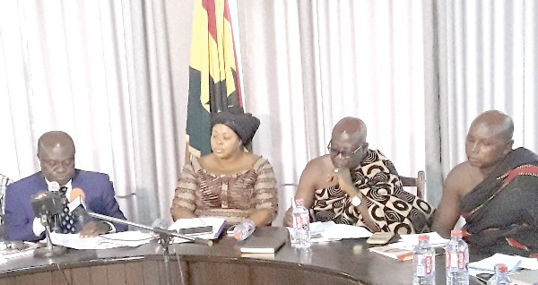 Prof. Gyan-Baffuor (left) addressing the participants during the dissemination workshop in Sunyani. On his left is Dr (Mrs) Evelyn Ama Kumi-Richardson, the Sunyani Municipal Chief Executive, and Nana Bofo Bene IV (right), the Vice-President of the Brong Ahafo Regional House of Chiefs, who chaired the function.