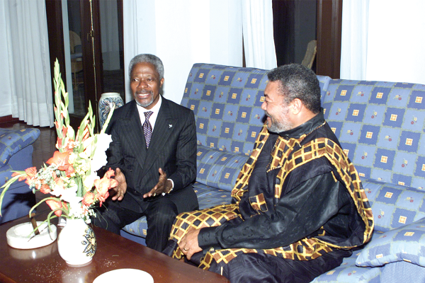 Mr Annan (left) with former President Jerry John Rawlings, at the Group of 77 Summit meeting in Havana, Cuba on April 12, 2000