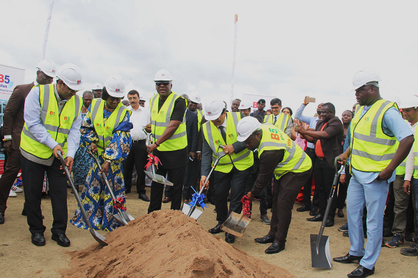  Mr Carlos Ahenkorah (3rd left), a Deputy Minister of Trade and Industry, Mr Mukesh Thakwani (4th left), CEO, B5Plus Limited, Mrs Barbara Oteng-Gyasi (2nd left), a Deputy Minister of Lands and Natural Resources, and Mr Birender Singh Yadav (left), the Indian High Commissioner in Accra, symbolically cutting the sod for the factory. Picture: BENEDICT OBUOBI