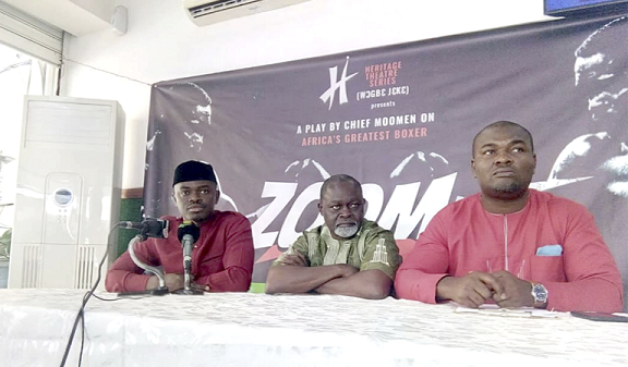 •   Playwright Chief Moomen (left) with Azumah  Nelson (middle) and Yaw Sakyi at the launch.