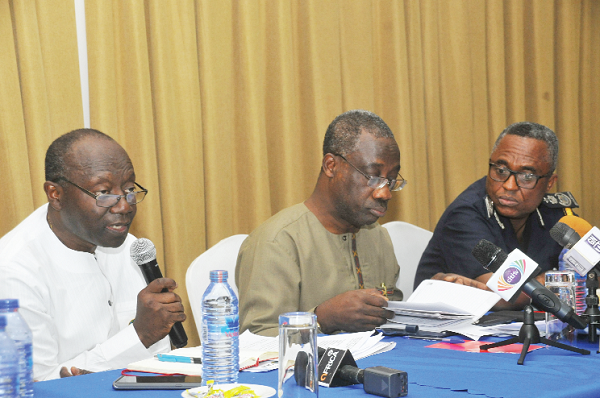  Mr Ken Ofori-Atta, the Minister of Finance, making remarks at the forum. Those with him are Mr Emmanuel Kofi Nti (middle), the Commissioner General, GRA, and Mr Issac Crentsil, the Commissioner, Customs Division of GRA. Pictures: EBOW HANSON