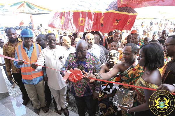 President Akufo-Addo receives the Honorary Doctorate Degree.President Akufo-Addo being assisted by Mr John-Peter Amewu (2nd left), the Omanhene of Gomoa Akyempim, Obrifo Ahor Ankobea (3rd right) and the president of the Central Regional House of Chiefs, Obrempon Nyanful Krampah XI (2nd right), to inaugurate the 20MW Solar plant