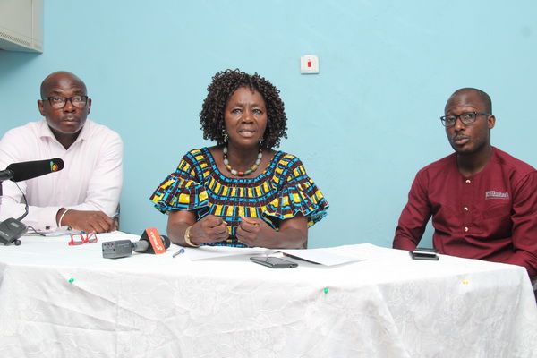 Ms Elaine Sam (middle), the President of the Institute of Public Relations (IPR), addressing journalists on the IPR Week celebration. With her are Mr Charles Adjei Tetteh (left), the Executive Secretary of IPR, and Mr Henry Nii Dottey, National Secretary, IPR. Picture: BENEDICT OBUOBI