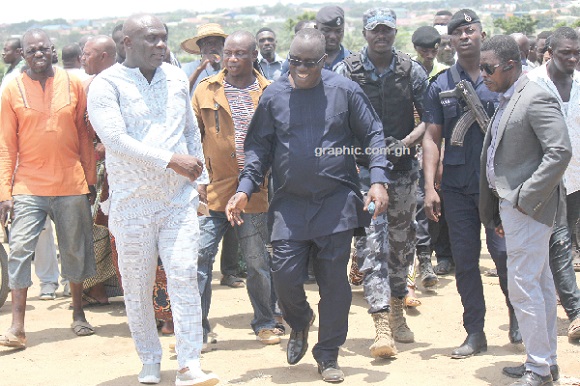 Mr Kwadwo Owusu-Afriyie (middle), the Chief Executive of the Forestry Commission, leading a team of stakeholders to inspect the level of encroachment at the Sakumono Ramsar site.