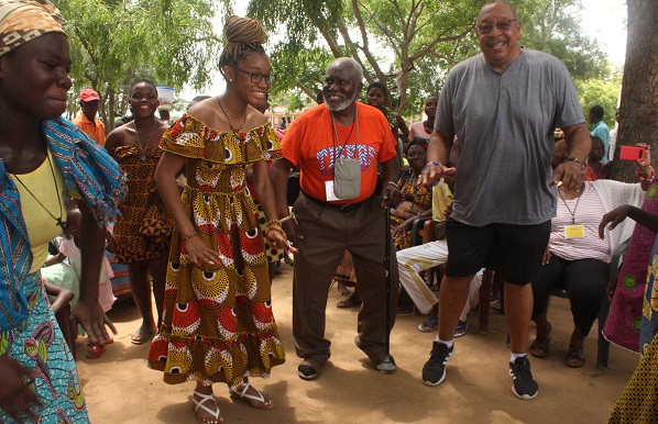 It was dance time as Mr Wright (middle), and his colleagues try the Agbadza dance. Picture NII MARTEY M. BOTCHWAY