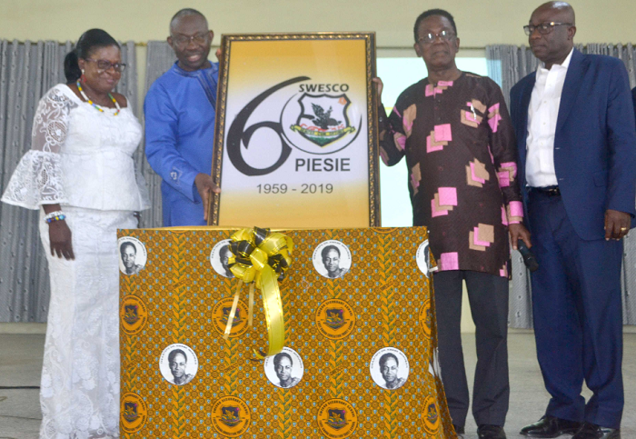  Mrs Alberta Obiriwa Rigg-Stewart (left), Rev. Professor Adow Obeng (2nd left), Professor Kwesi Yankah (2nd right) and Dr Tony Oteng-Gyasi (right) displaying the anniversary logo 