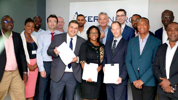 •  Representatives of Aker Energy, Maersk Drilling, PMD Viking Ghana, Halliburton Ghana and Exceed Well Management Ghana displaying the MoUs after the signing in Accra