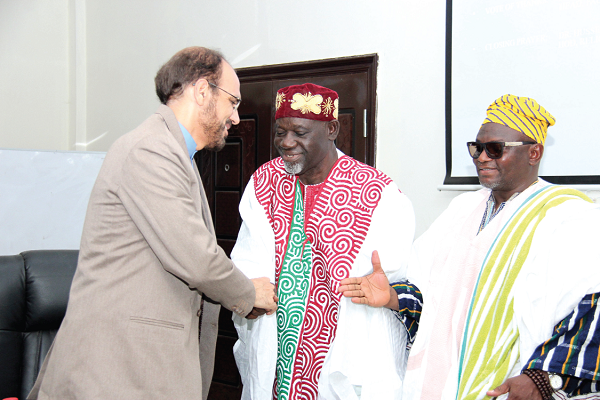 •Dr Mohsen Maarefi (left), President of the Islamic University College of Ghana (IUCG) )  interacting with Mr Imoro Baba Issah, spokesperson of the Council of Zongo Chiefs and Mr Issah Munkaila (right) , Dagomba Chief of Madina after the ceremony.